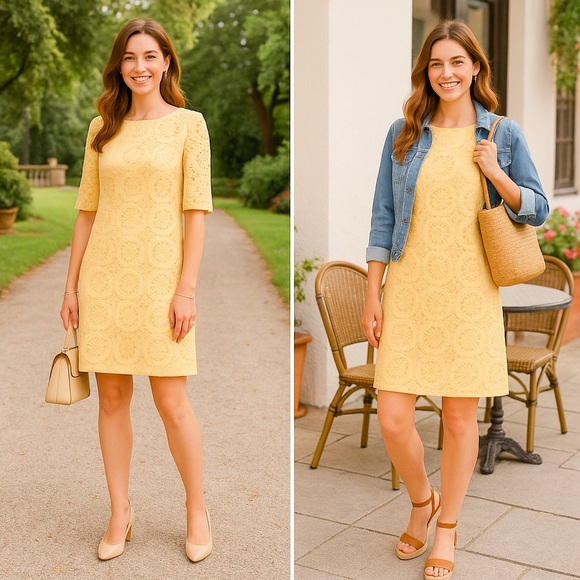 Adrianna Papell Womens Yellow Lace Shift Dress Elbow Sleeve Size 8 Spring Mod - Picture 1 of 11
